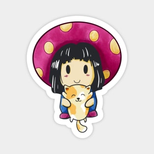 Mushroom Girl With Cat Cute Kawaii Anime Fun Magnet
