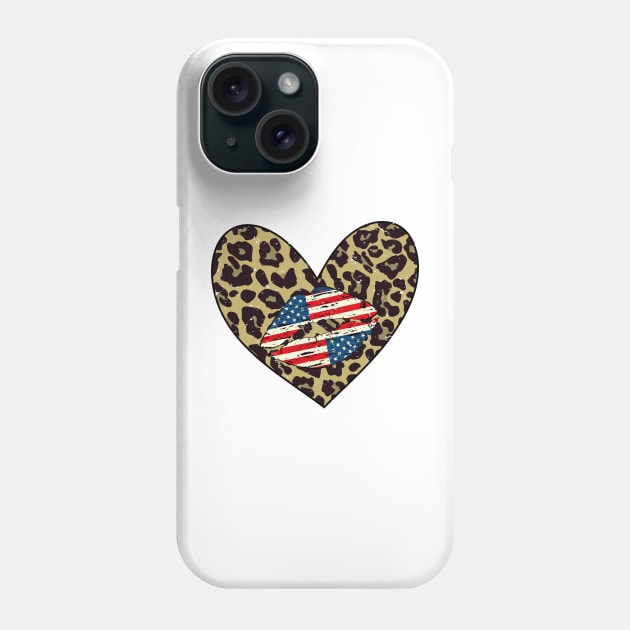 Cute Leopard Heart Gift - Distressed USA Kiss Gift - Fourth Of July Patriotic Gift Idea Phone Case by WassilArt