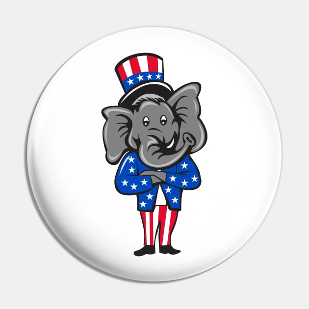 Republican Elephant Mascot Arms Crossed Standing Cartoon Pin by retrovectors