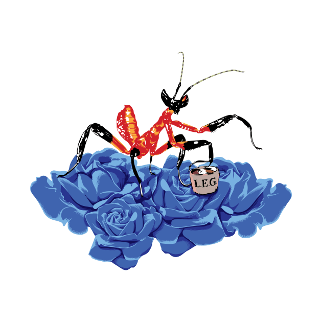 Original Red and Black Ant Praying Mantis on blue-violet rose buds sipping on some Tea. by LegCup