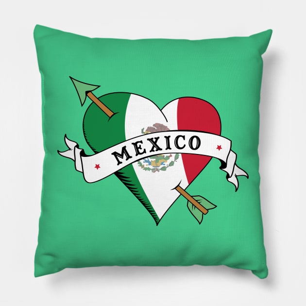 I Love Mexico Flag Heart Tattoo Flash Pillow by PUFFYP