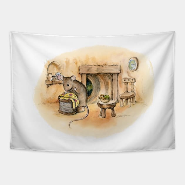 Little seamstress Mouse in the old log house Tapestry by Simon-dell