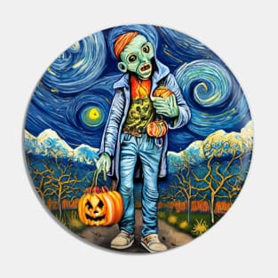 Halloween Zombie Trick or Treater Starry Night Van Gogh Style - Spooky Artistry Pin