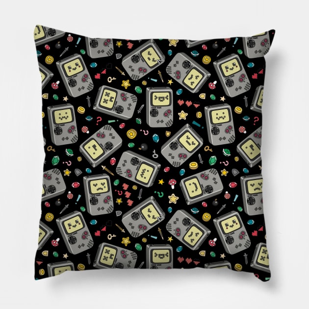 Kawaii Video Game Consoles Emojis 90's Pattern Black Pillow by TejaJamilla