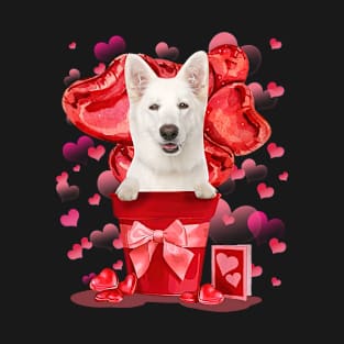 White German Shepherd In Red Pot Happy Valentine's Day T-Shirt