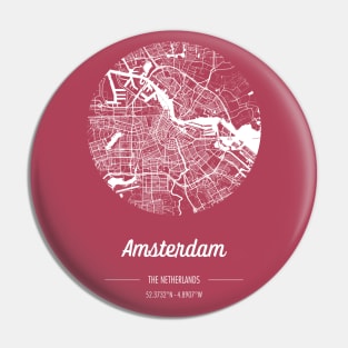 City map in red: Amsterdam, The Netherlands, with retro vintage flair Pin