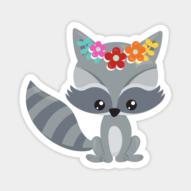 Spring Animals, Cute Raccoon, Colorful Flowers Magnet by Jelena Dunčević