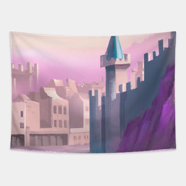 Castle Kingdom With Pink Sky Synthwave Light City Tapestry by FanciiFrog