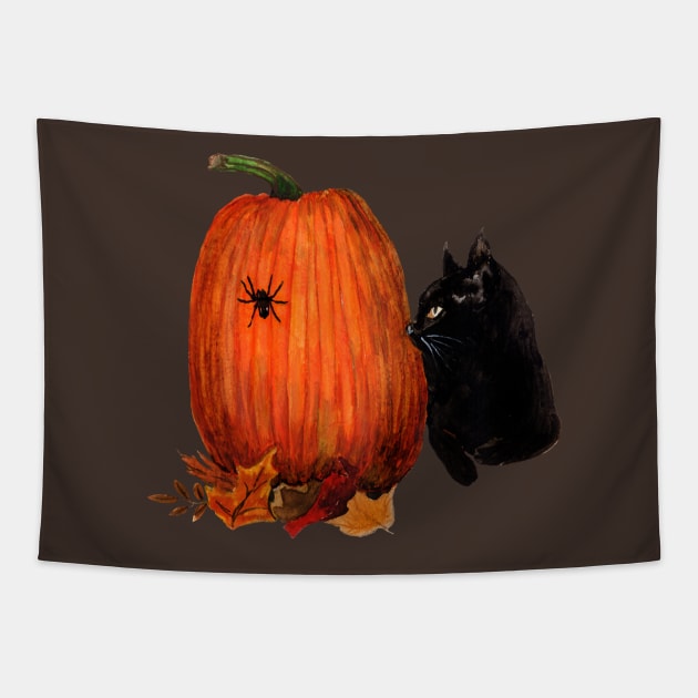 Black cat and Pumpkin Tapestry by Heather Dorsch Creations