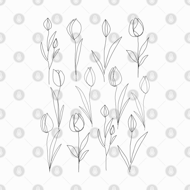 Tulip One Line Art Flowers Black And White by ArunikaPrints