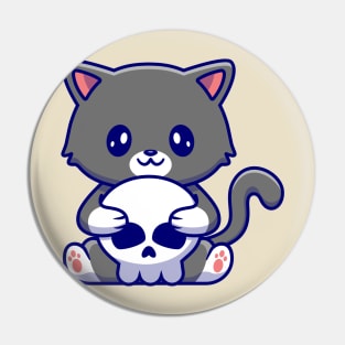 Cute Cat Holding Skull Bone Cartoon Pin