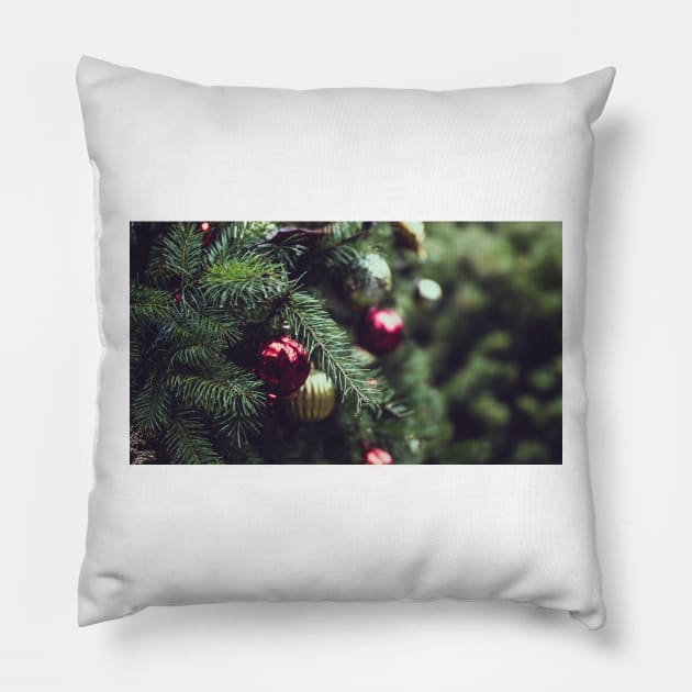 Red and Yellow Ornaments on a Christmas Tree Pillow by Oldetimemercan