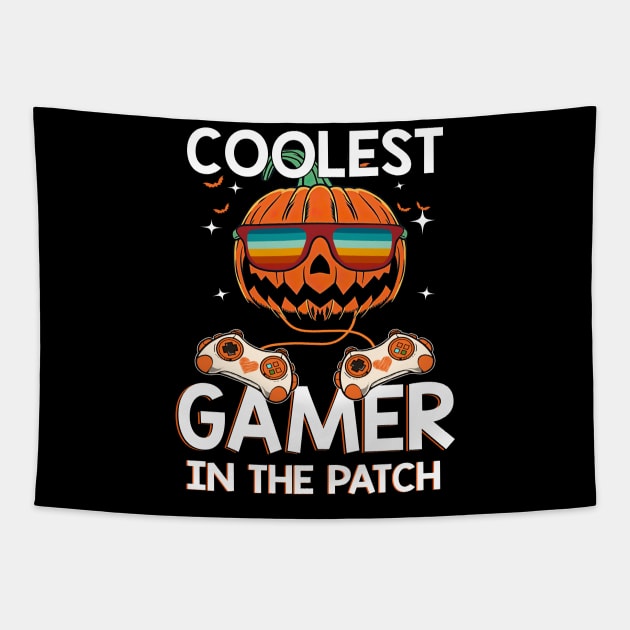 Kids Halloween Coolest Gamer In The Patch Boys Girls Pumpkin Shirt Tapestry by Krysta Clothing