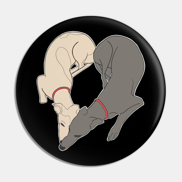 Adorable Greyhound dog design shaped in a heart with the word love inside, with a grey and a fawn greyhound with red collar details Pin by This Iggy Life