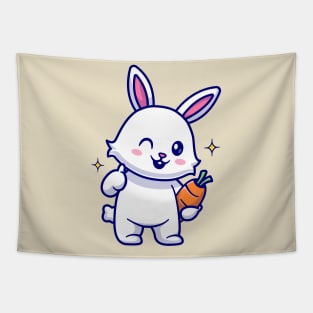 Cute Rabbit Holding Carrot With Thumb Up Cartoon Tapestry