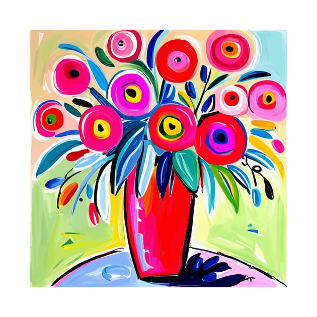 Cute Abstract Flowers in a Pink Vase Still Life Painting by bragova