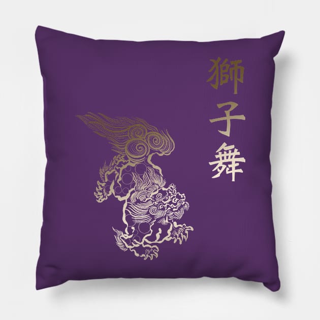 Japanese Karajishi, golden gradient effect on purple background Pillow by Blacklinesw9