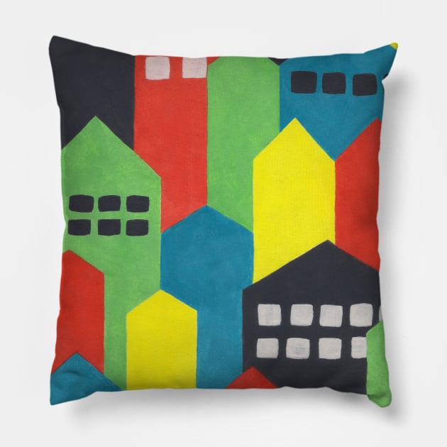 Colourful Painted Cityscape Pillow by sallycummingsdesigns