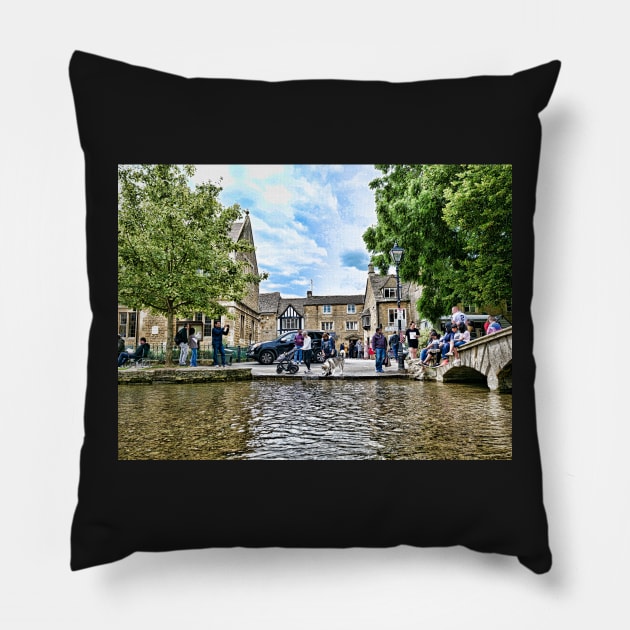 Japanese Akita dog in the river, Bourton-on-the-Water village Pillow by fantastic-designs