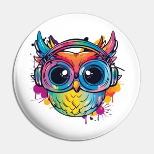 Colorful Owl Listening to Music wearing headphones Pin