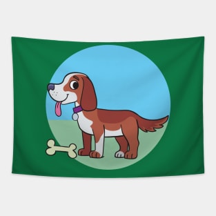 colorful dog with a bone in front on a wide grassy meadow Tapestry