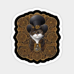 Steampunk Cat in a Top Hat with Gear-filled Background Magnet