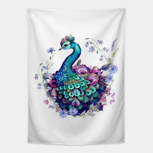 Floral Peacock Watercolor Art Print Tapestry