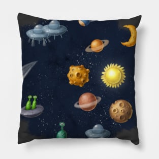 Outer space with aliens and planets. Pillow