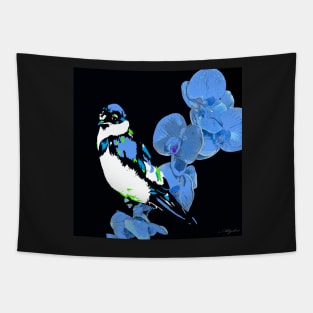 MIDNIGHT BLUE ORCHID AND BIRD Tapestry