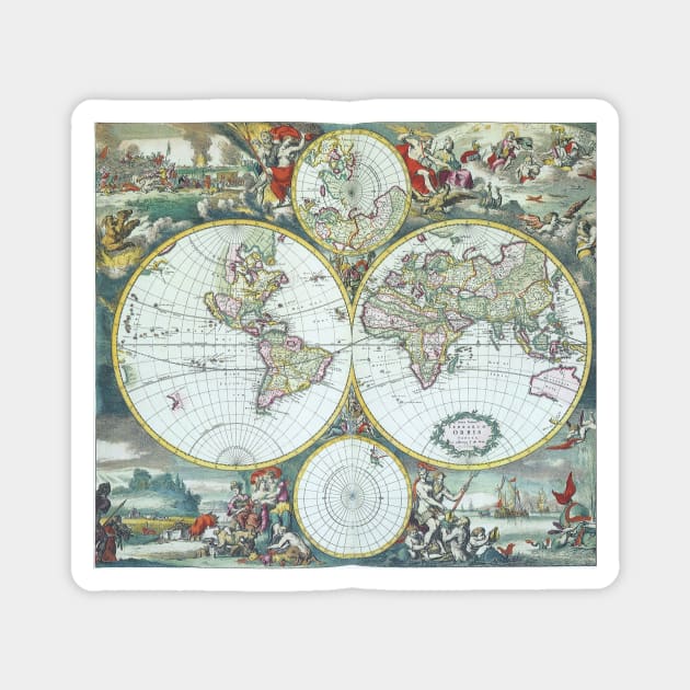 Antique Double Hemisphere Old World Map by Frederick De Wit, 1668 Magnet by MasterpieceCafe