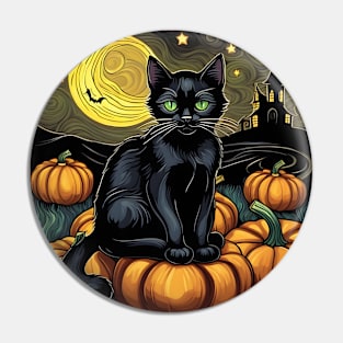 Halloween Black Cat Pumpkin Van Gogh Style Pin