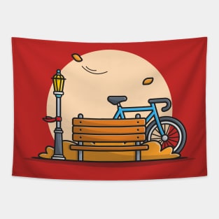 Bike in Park with Bench And Street Lamp Cartoon Vector Icon Illustration Tapestry