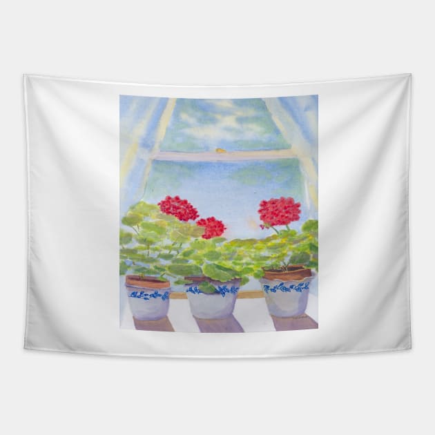 Moe's Geraniums in Salmon Falls Pottery Flower Pots Tapestry by ROSEANN MESERVE 