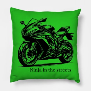 Ninja In The Streets Motorbike Black Work Minimalist Ink Pillow