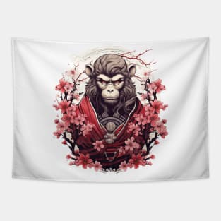 Monkey Samurai General in Red Sakura Tapestry