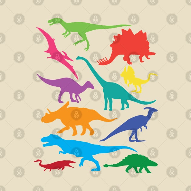 Favorite Dinos, Dinosaurs, Colorful, Jurassic, Trex, Triceratops, brontosaurus, pteradactyl, Stegosaurus, Velociraptor by penandinkdesign@hotmail.com