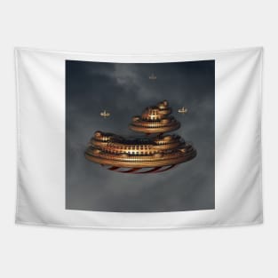 Gold and Red Fractal Floating City Tapestry