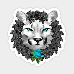 Mountain Lion Blue Rose Wreath Magnet