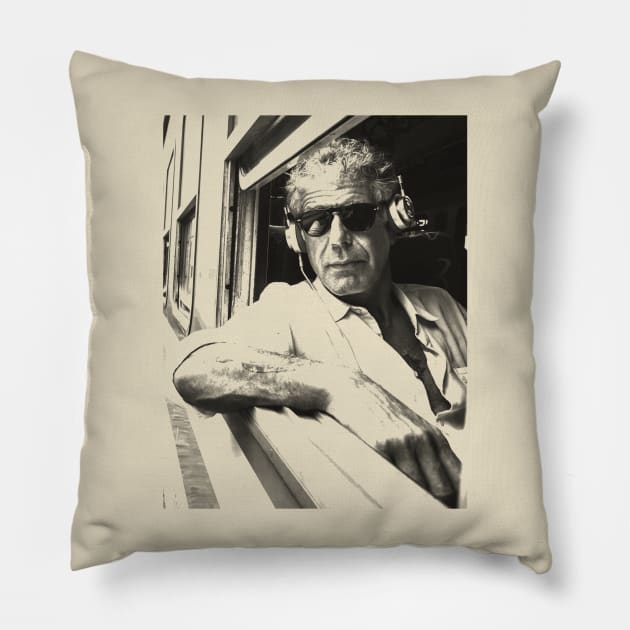 Anthony Bourdain on the Train Pillow by Unfluid