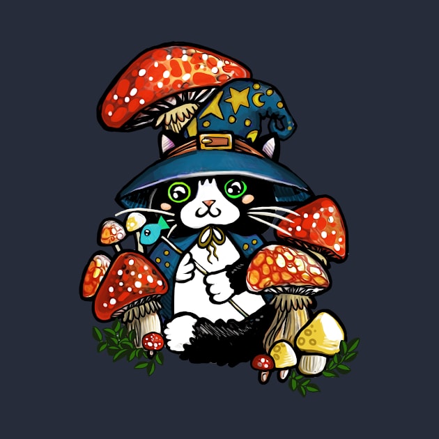 Adorable and Mystical Kitty Cat Wizard Sitting in some Mushrooms by ckrickett