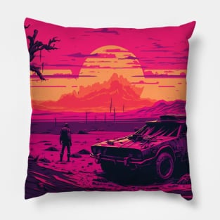 80s Retro-Futuristic Car In The Wastelands Pillow