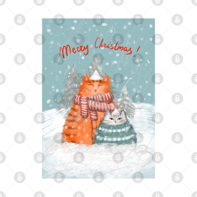 Merry Christmas greeting winter card with cute fluffy cats in red Santa hats and scarves. by Olena Tyshchenko