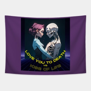 Love you to death vs Kiss of life cartoon girl and skeleton Tapestry