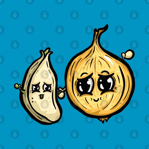 Onion and Garlic Happy Seasoning Friends Cartoon Illustration Mascots by Squeeb Creative