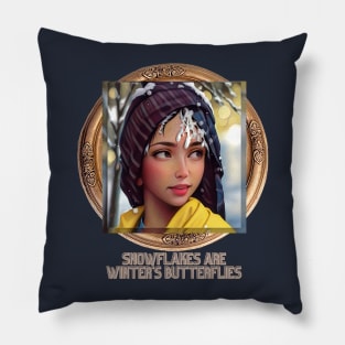 Snowflakes are Winter's Butterflies (girl has snow-bangs) Pillow