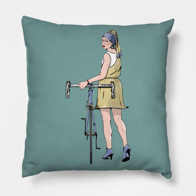 Girl with a pearl earing road bike Pillow by mailboxdisco