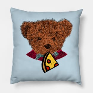 Cute Teddy Bear Portrait with Pepperoni Pizza Slice Pillow