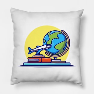 Miniature Plane with Book And Globe Cartoon Vector Icon Illustration Pillow