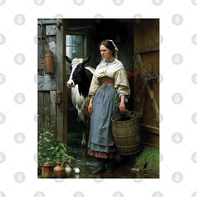 Vintage Oil Painting of Farm Girl and Cow by Walter WhatsHisFace