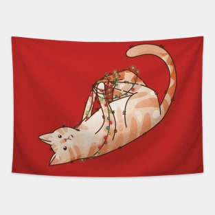 Wrapped in Christmas Lights - Light Red Cat Tapestry